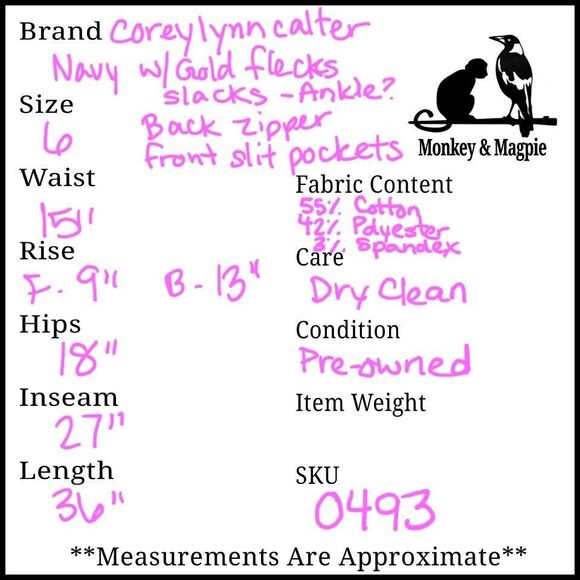 Corey Lynn Calter Slacks Navy Blue Gold Flecks Back Zipper Slit Pockets Size 6 - Picture 7 of 7